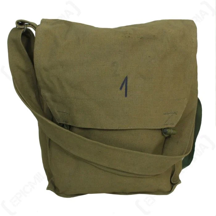 Czech army BSS sidepack wooden toggle flap closure and ink stamp detail