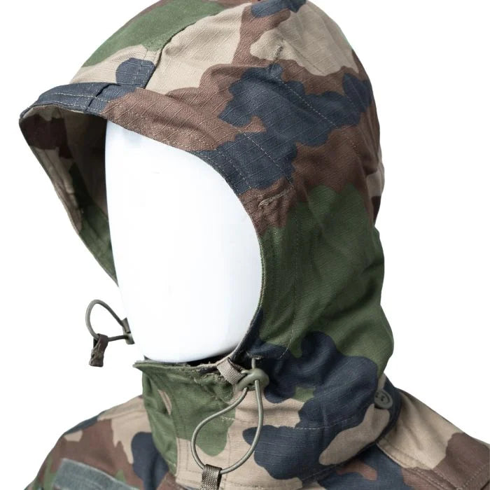 Close-up of the adjustable drawstring hood on French Army FELIN T4 combat jacket