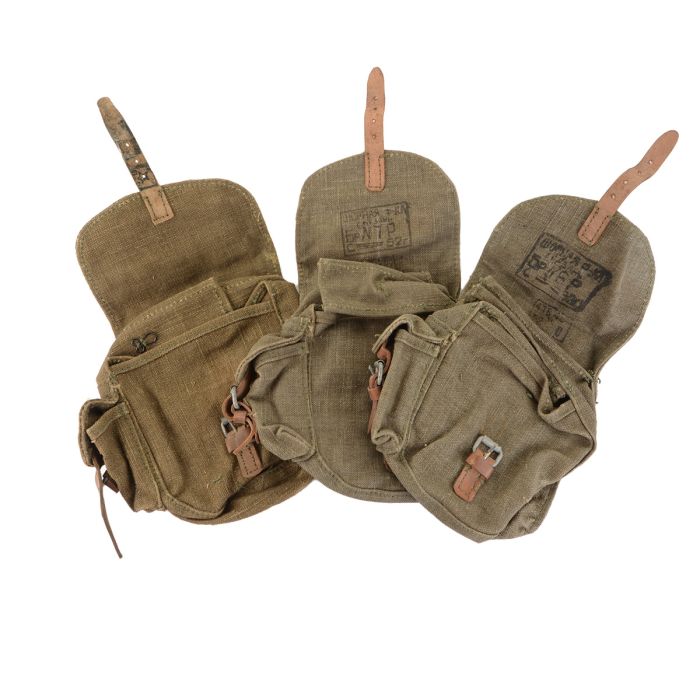 Three original Soviet PPSh-41 drum mag pouches open showing authentic inspection ink stamps