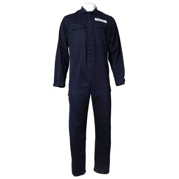 Front view of British Navy General Service Blue Coveralls with name tag and secure hook-and-loop fastening