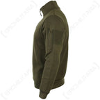 Profile view of tactical sweatshirt sleeve with zipped bicep pocket and loop panel