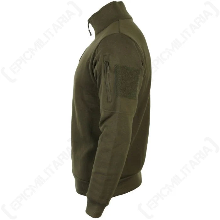 Profile view of tactical sweatshirt sleeve with zipped bicep pocket and loop panel