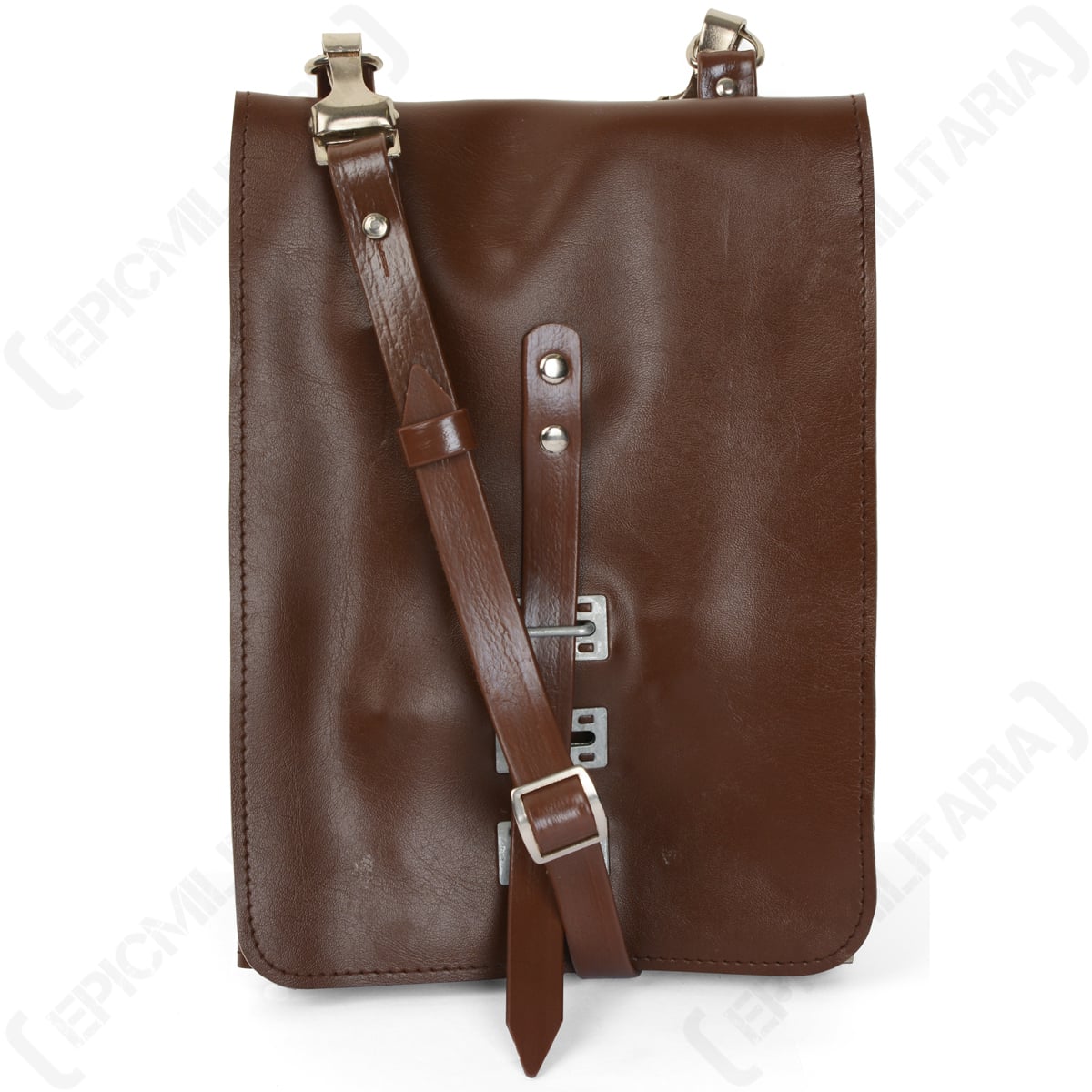 Front view of an original East German brown vinyl map case with adjustable shoulder strap and metal buckle closure.