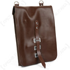 Angled side view of the military surplus brown vinyl map holder, showing the durable construction and secure strap attachment points.
