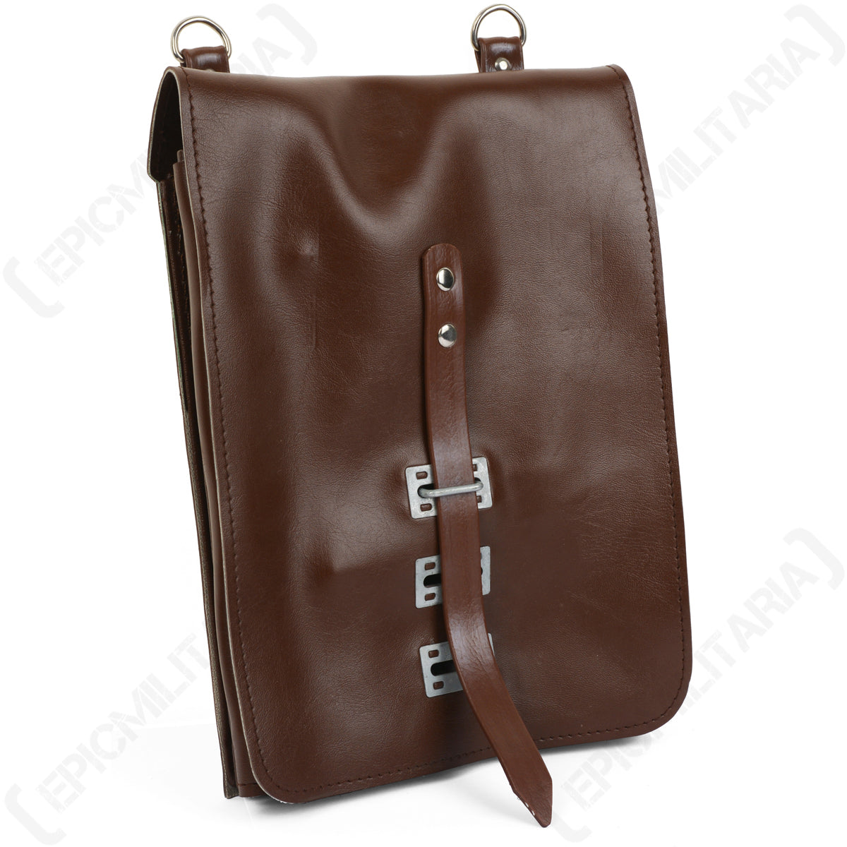 Angled side view of the military surplus brown vinyl map holder, showing the durable construction and secure strap attachment points.
