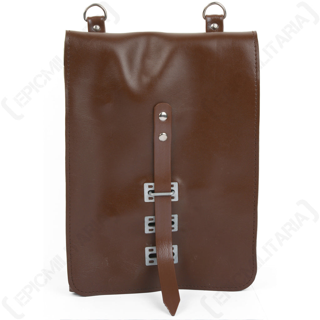 Direct front view of the East German military map case, highlighting the clean vinyl exterior and metal buckle fastening system.