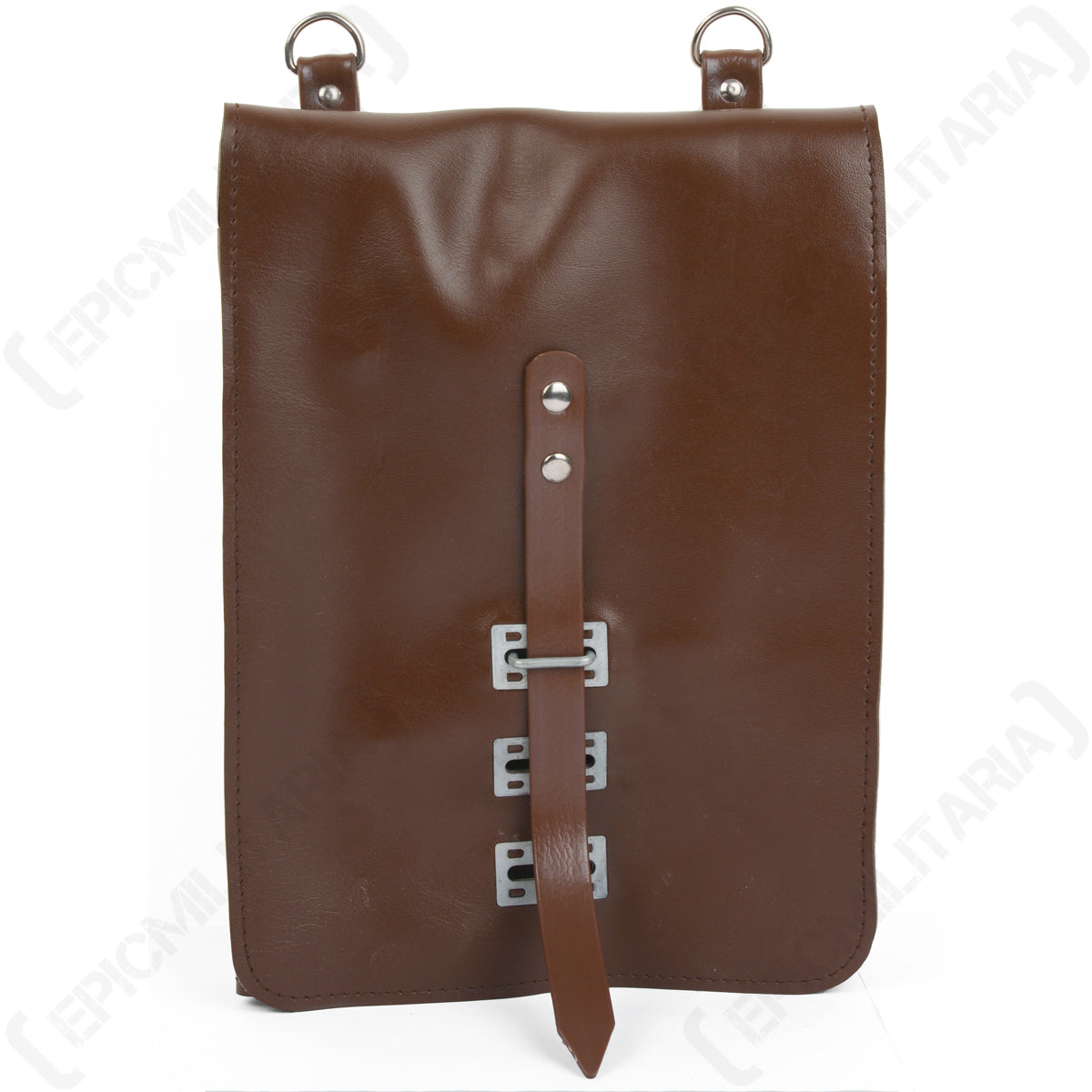 Direct front view of the East German military map case, highlighting the clean vinyl exterior and metal buckle fastening system.