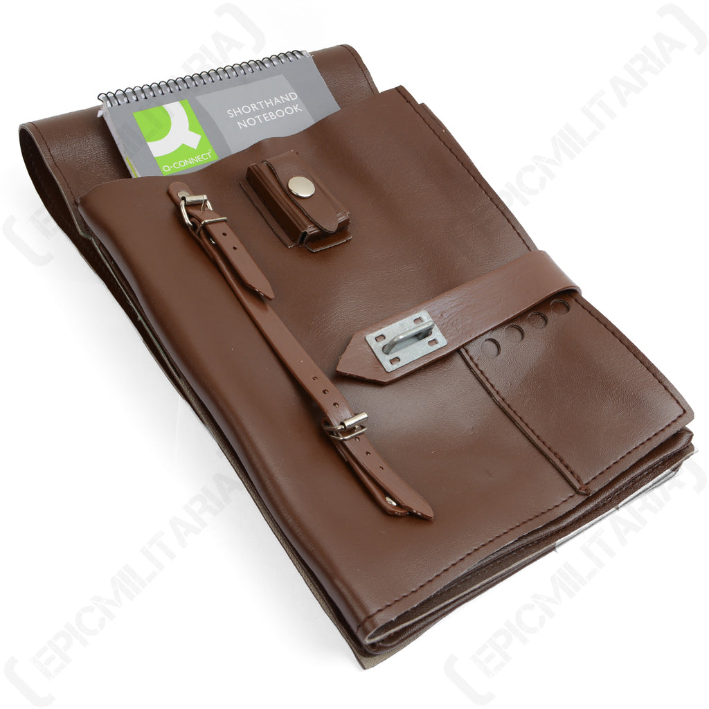 Brown vinyl military map case featuring an inserted shorthand notebook in the top pocket, demonstrating storage capacity.