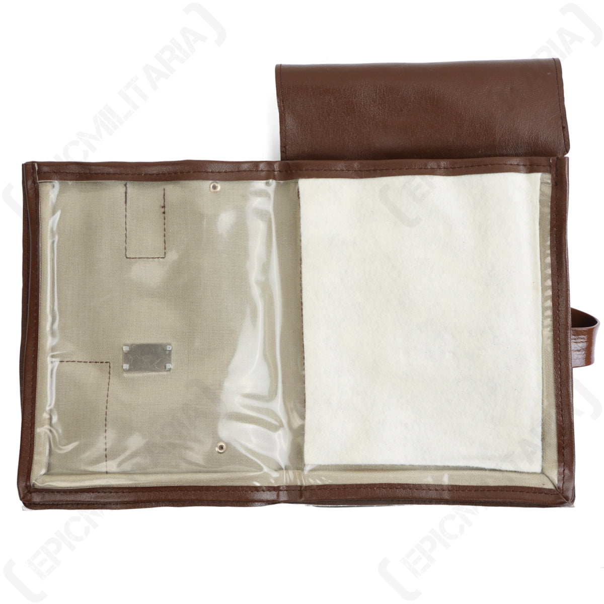 Internal view of the opened East German map case, showing the clear plastic sleeve and document compartment with a white divider.