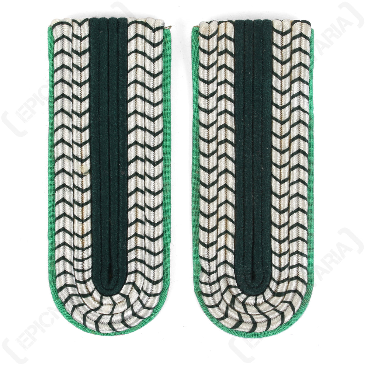 Pair of original East German Volkspolizei border guard shoulder boards with traditional silver-grey and dark green braid on a light green cotton backing.