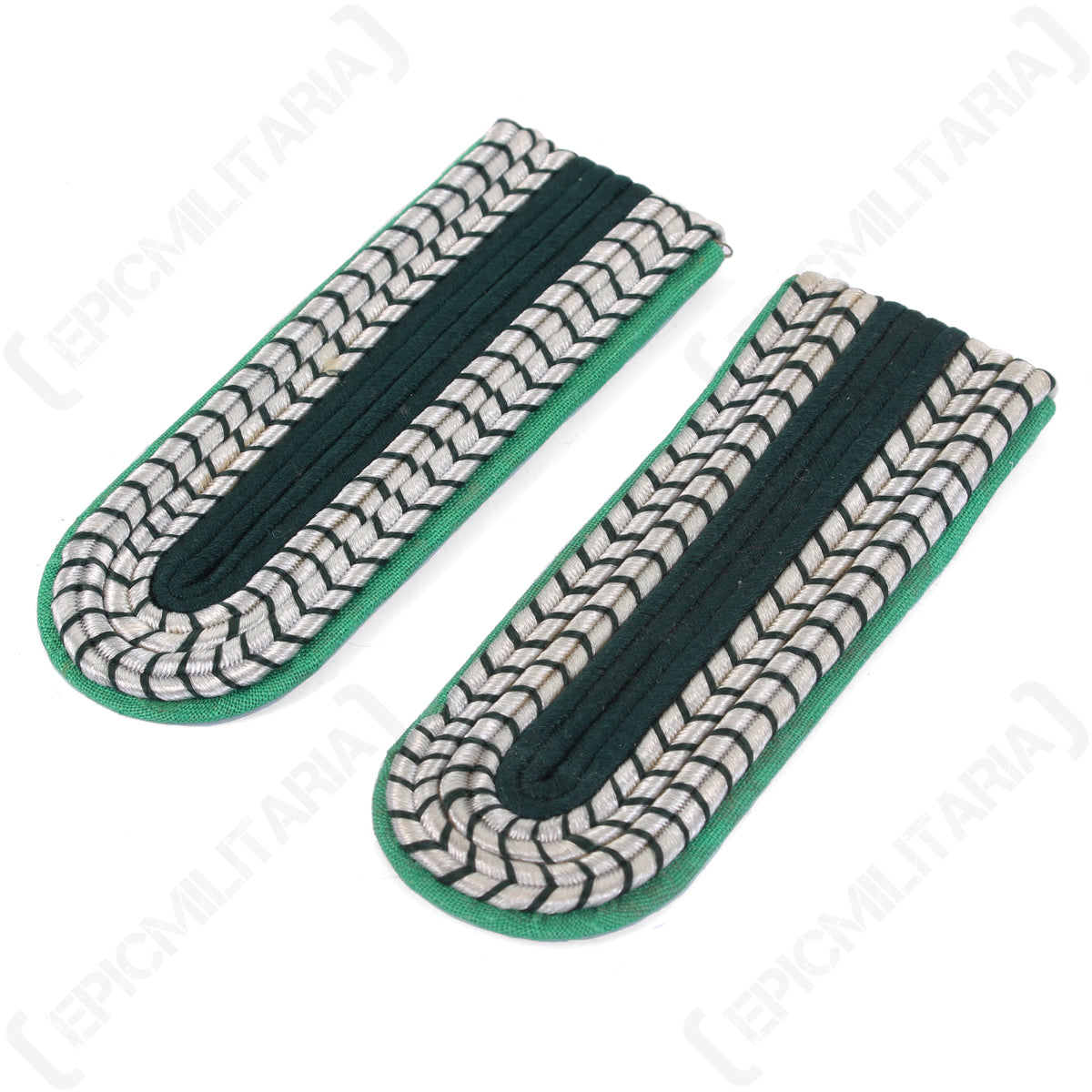 Angled view of vintage GDR police shoulder boards featuring distinctive Waffenfarbe light green piping and authentic police braid construction.