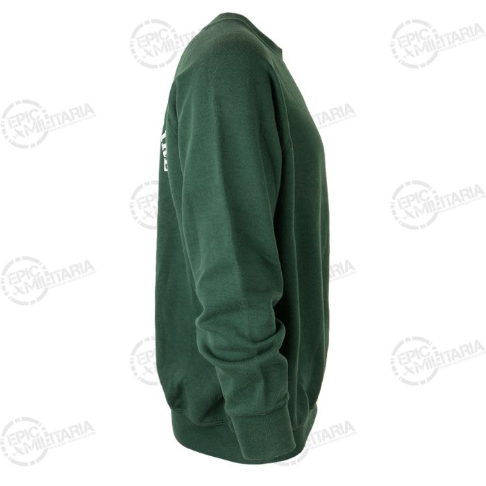 Side profile view of dark green French military school crewneck jumper