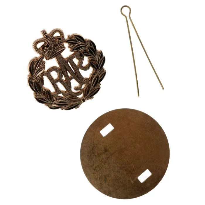 An exploded view of the RAF beret badge showing the insignia, brass backing disc, and securing pin.