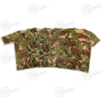 Five-pack set of Dutch Army woodland camouflage t-shirts spread out