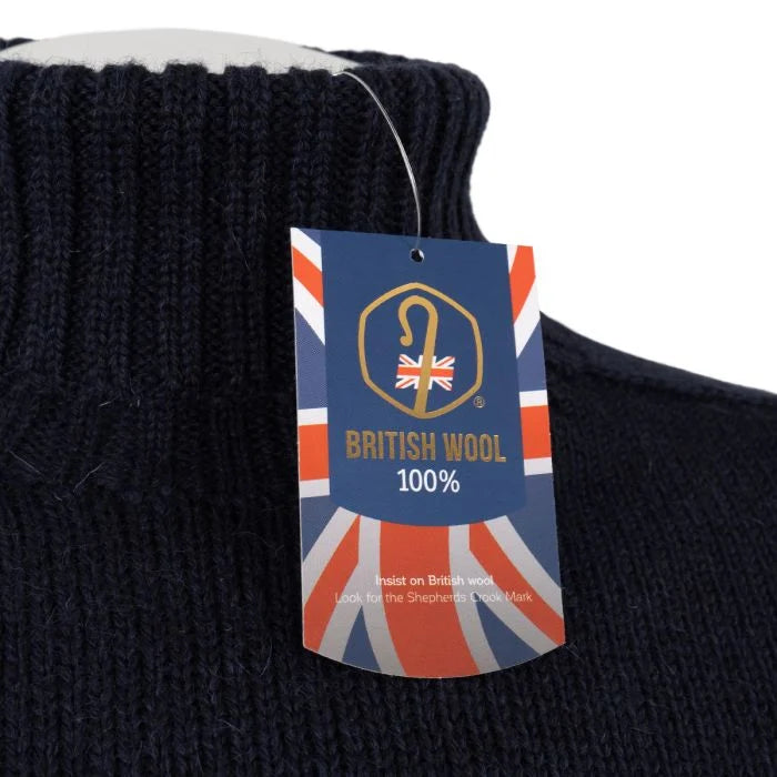 Official 100% British Wool Shepherds Crook certification tag on collar