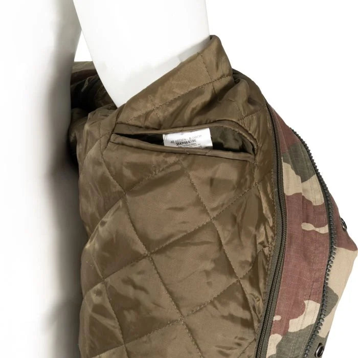 Close-up of zippered side-slash pocket on Turkish military woodland coat