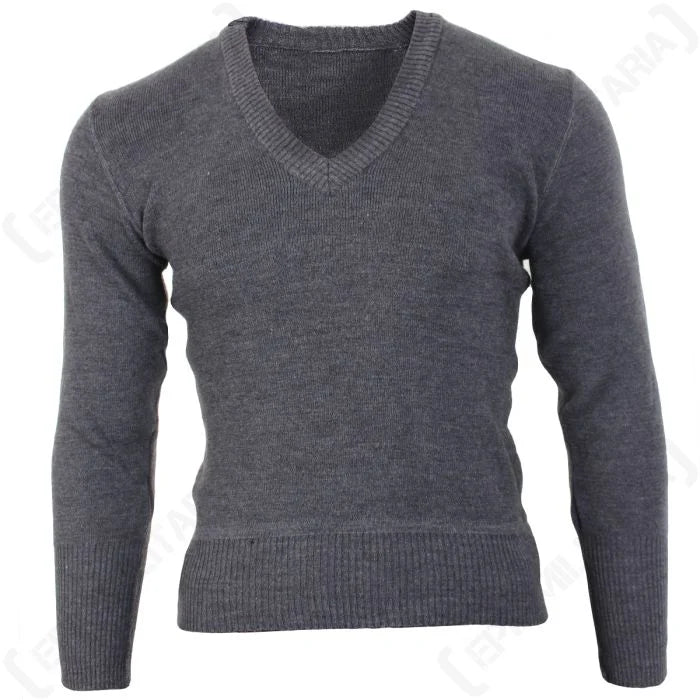Front view of German Army grey knit V-neck pullover sweater
