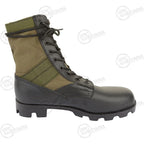 Medial side profile highlighting dual brass drainage vent ports along boot arch
