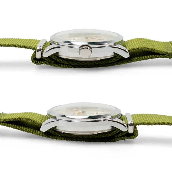 Side profile views of the British ATP Service Watch case, winding crown, and lug construction