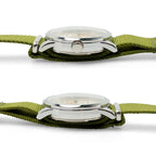 Side profile views of the British ATP Service Watch case, winding crown, and lug construction