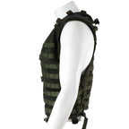 Side profile view of ex-issue Dutch tactical mesh vest with adjustable side lacing on white mannequin
