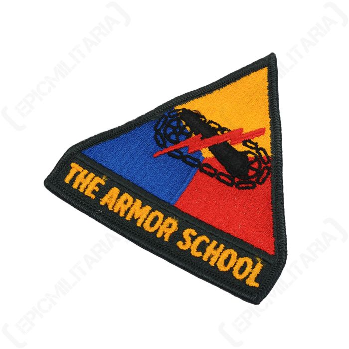 Side angle detail of embroidered US Army Armor School patch