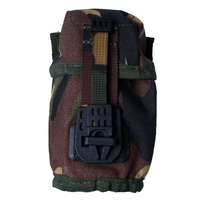Front view of the Original Dutch Army DPM MOLLE hand grenade pouch showing the Dutch woodland camouflage and the plastic Spanish fly buckle.