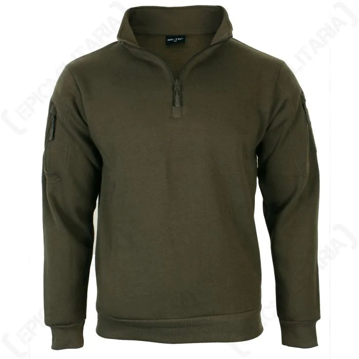 Mil-Tec tactical sweatshirt front view with quarter zip open and high collar