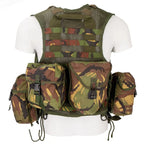 Back view of Dutch military modular assault vest showing rear MOLLE webbing and drag handle