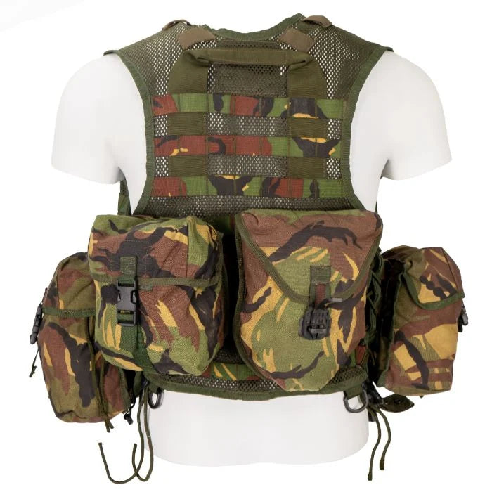 Back view of Dutch military modular assault vest showing rear MOLLE webbing and drag handle