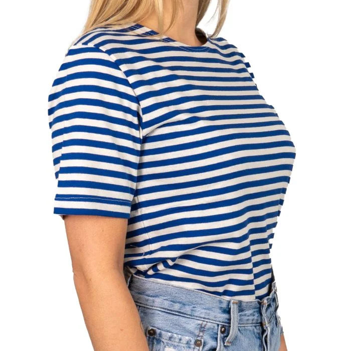 Side profile view of female model wearing striped Russian Telnyashka short sleeve t-shirt