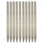 Ten original German Army 25cm aluminium tent pegs lined up on a white background