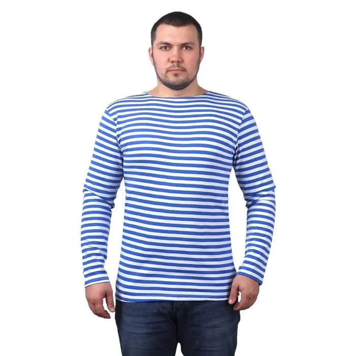 Male model wearing blue and white Russian Telnyashka long sleeve striped top