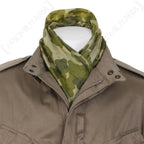 Close-up of US WW2 camouflage jump scarf tucked neatly into jacket collar