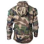 Back view of the FELIN T4 combat smock with attached hood and buttoned rear poachers pocket