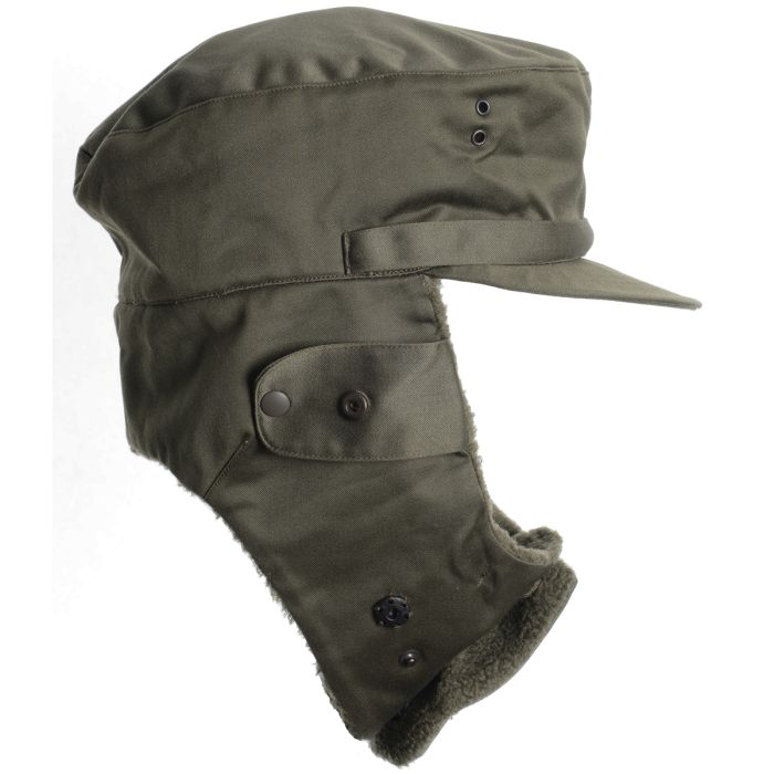 Side profile of Austrian olive drab winter field cap showing extended fleece ear flaps and snap closures