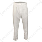 Front view of British military women's white cotton surplus trousers with front pleats and zip fly