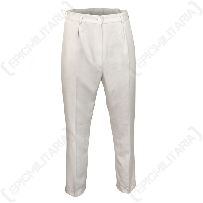 Front view of British military women's white cotton surplus trousers with front pleats and zip fly