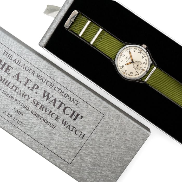 Ailager British ATP Service Watch displayed in its silver presentation gift box with black felt lining