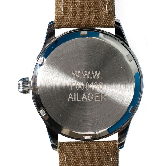 Case back view of the watch engraved with W.W.W. military markings and model number F008130