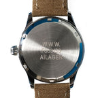 Case back view of the watch engraved with W.W.W. military markings and model number F008130