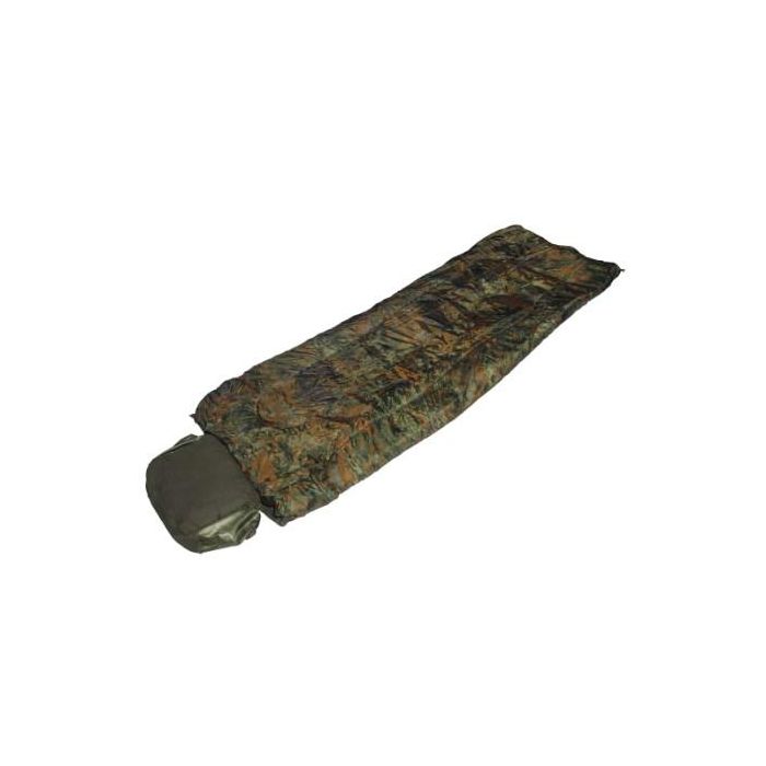 Mil-Tec Pilot sleeping bag in camouflage pattern with an olive green integrated pillow section for extra comfort during camping.