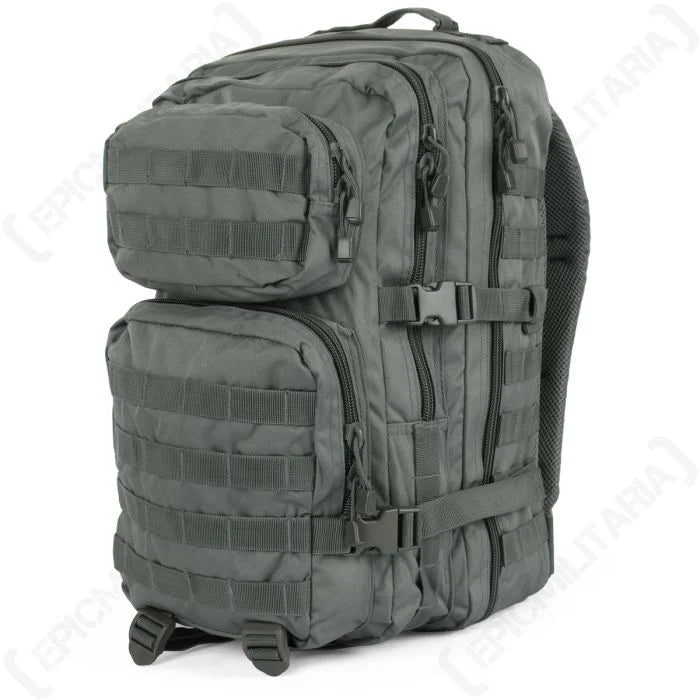Mil-Tec 36L MOLLE assault pack in grey colorway, viewed from the front-side angle to display modular attachment loops.