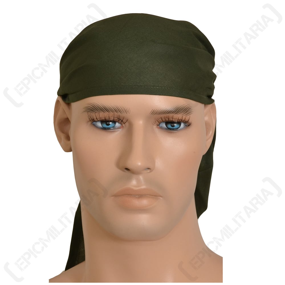 Frontal view of a mannequin wearing a genuine surplus Czech military olive green bandana tied securely around the head.