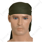 Frontal view of a mannequin wearing a genuine surplus Czech military olive green bandana tied securely around the head.