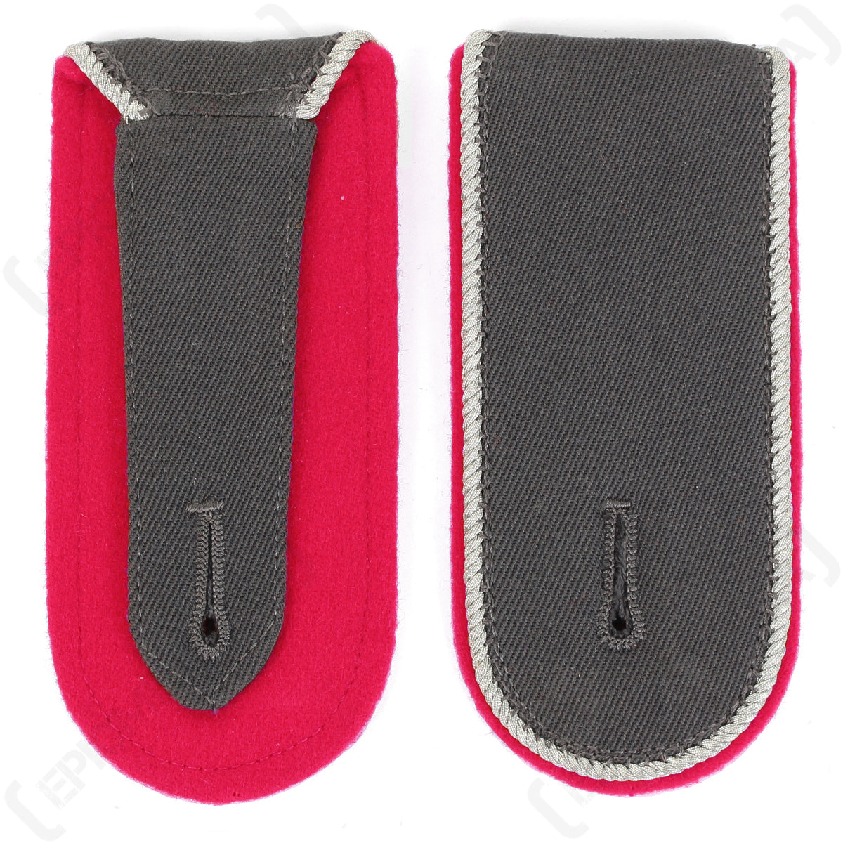 German military surplus officer shoulder boards in armored branch pink, highlighting the underside attachment tab and buttonholes.