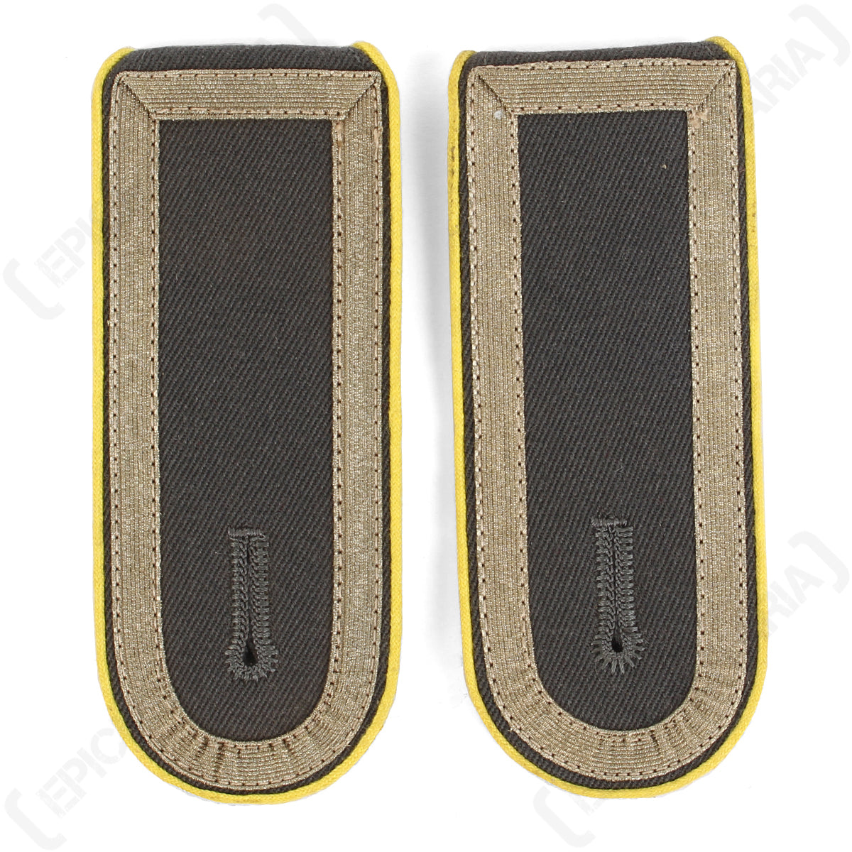 Pair of authentic German Bundeswehr Stabsunteroffizier shoulder boards with yellow piping and grey fabric.