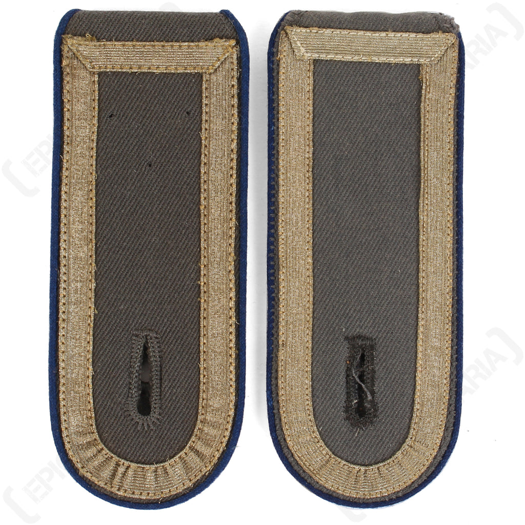 Pair of German Bundeswehr Stabsunteroffizier shoulder boards featuring blue branch piping and grey tresse detailing.