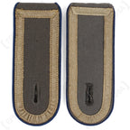 Pair of German Bundeswehr Stabsunteroffizier shoulder boards featuring blue branch piping and grey tresse detailing.