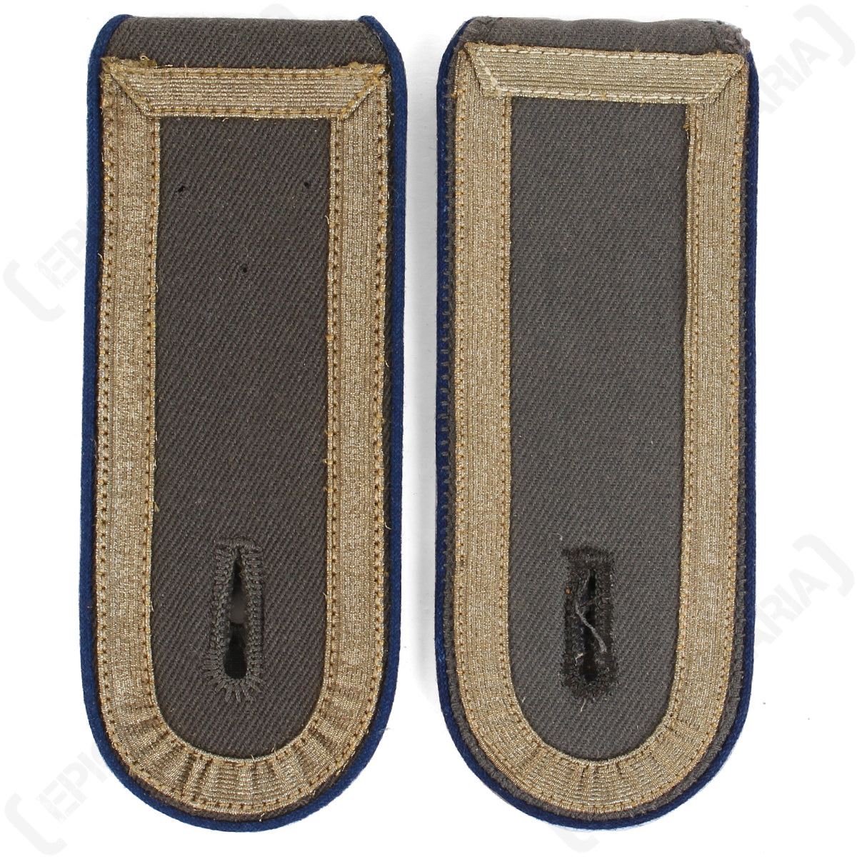 Pair of German Bundeswehr Stabsunteroffizier shoulder boards featuring blue branch piping and grey tresse detailing.
